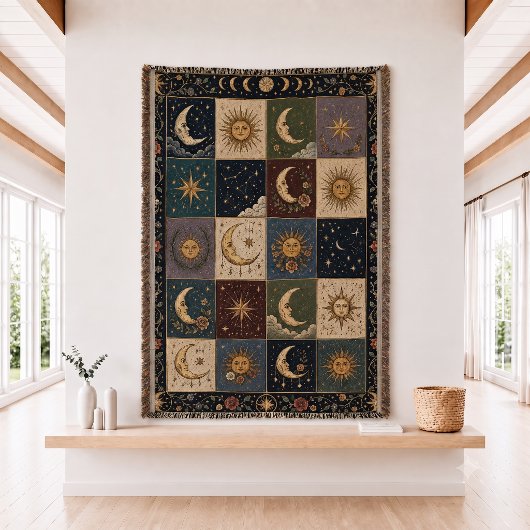 Couverture jetée tissé patchwork Soleil et Lune