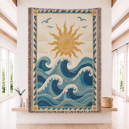 Couverture jetée tissée vague océan soleil