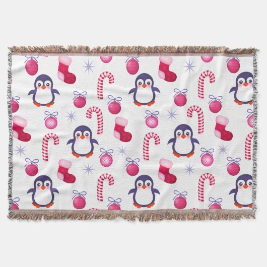 Couverture Joli Motif de Noël rose et blanc avec des pingouin (Devant)