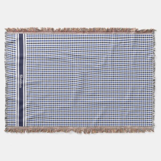 Couverture joli motif gingham bleu noir prépa monogramme (Devant)