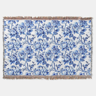 Couverture Magnolias bleu et blanc Toile de Jouy