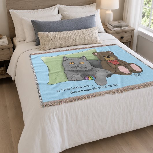 Couverture Mignon Ours en Peluche Chat Gris Drôle Bleu