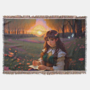 Couverture Mignonne Sad Anime Style Femme dans le pré au couc