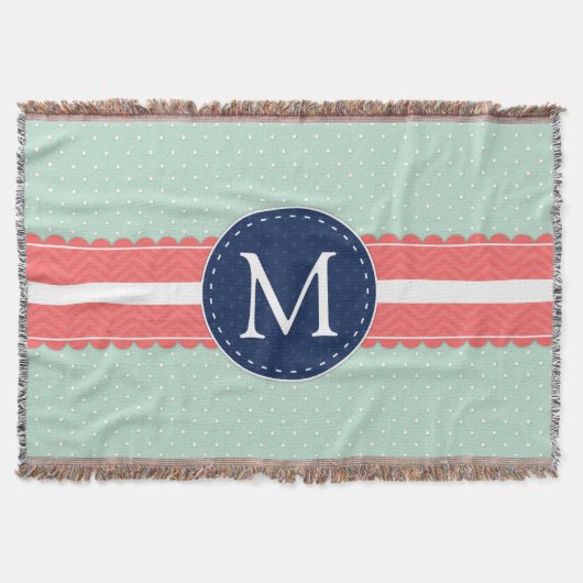 Couverture Mint Polka Point Motif Coral Navy Blue Monogramme (Devant)