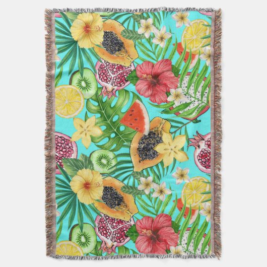 Couverture Mix-fruit tropical, fleurs et feuilles en bleu (devant Vertical)