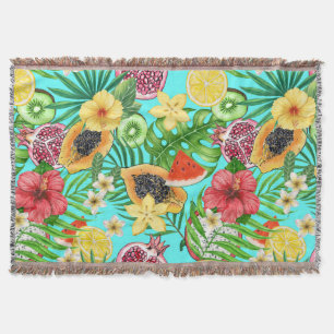 Couverture Mix-fruit tropical, fleurs et feuilles en bleu