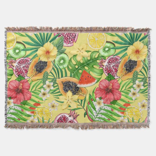 Couverture Mix-fruit tropical, fleurs et feuilles sur jaune (Devant)