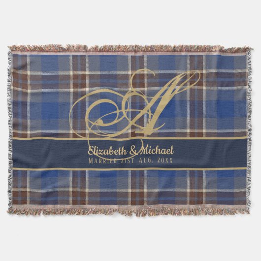 Couverture monogram Blue Tartan Plaid Newlyweds Wedding (Devant)
