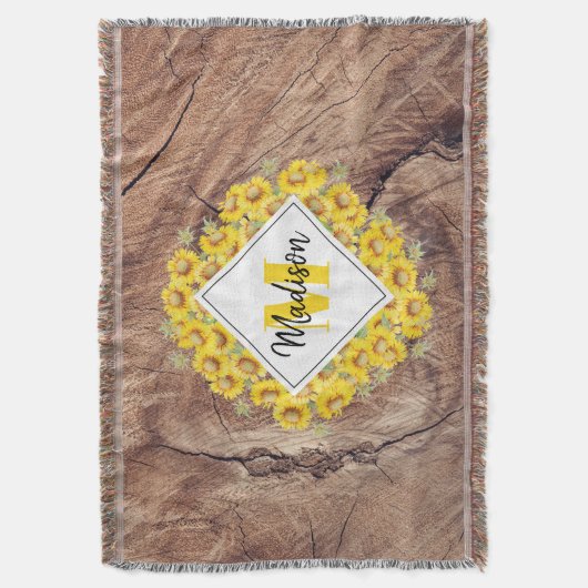 Couverture Monogram de Rustic Sunflowers & Wood Texture (devant Vertical)