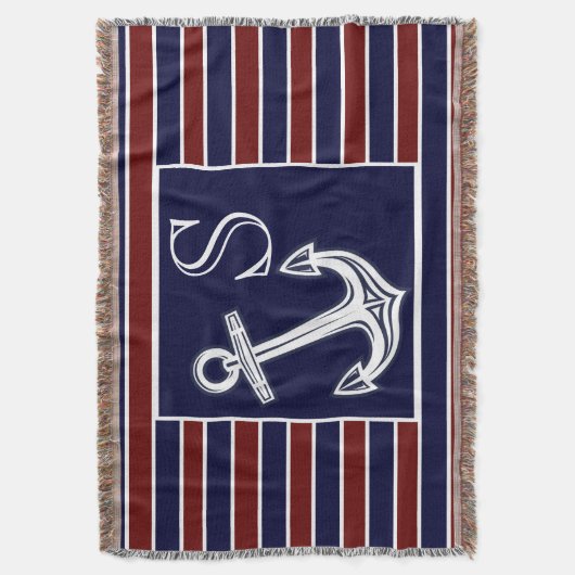 Couverture Monogramme Ancre marine Bleu Maroon rayures (devant Vertical)