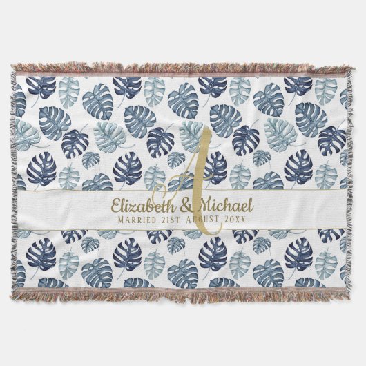 Couverture Monogramme Azure Blue Tropical Feuilles Gold Nouve (Devant)