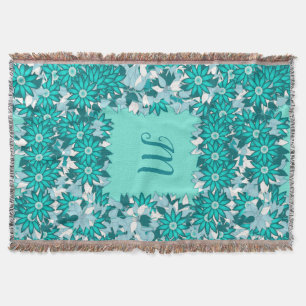 Couverture Monogramme encadré de fleurs - bleu et blanc