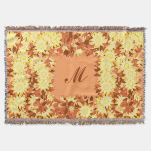 Couverture Monogramme encadré de fleurs - cacao et jaune