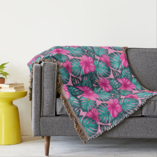 Couverture Monstera feuilles et Hibiscus Turquoise et rose su