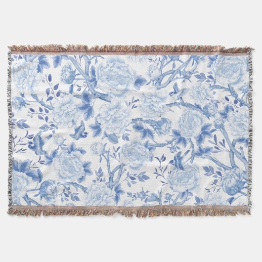 Couverture Motif Blue White Chinoiserie Floral Peony Birds (Devant)