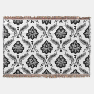 Couverture Motif Damassé Rococo Gris Noir Blanc