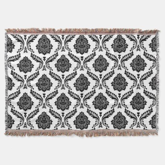 Couverture Motif Damassé Rococo Noir sur Blanc (Devant)
