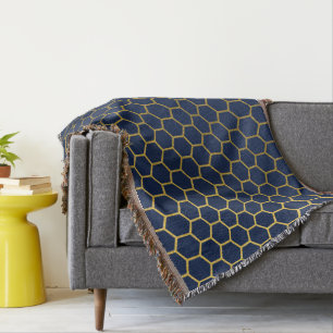 Couverture Motif géométrique marine bleu et or Hexagon