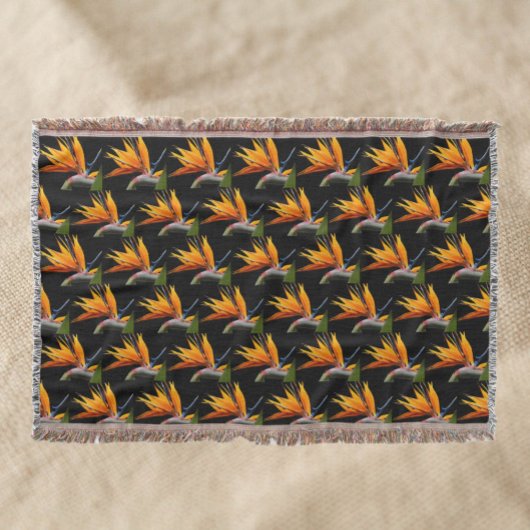 Couverture Motif Plante Orange Bird of Paradise sur Noir