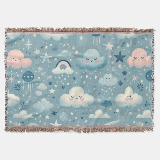 Couverture Motif Sky Whimsical avec nuages, étoiles - Bleu (Devant)
