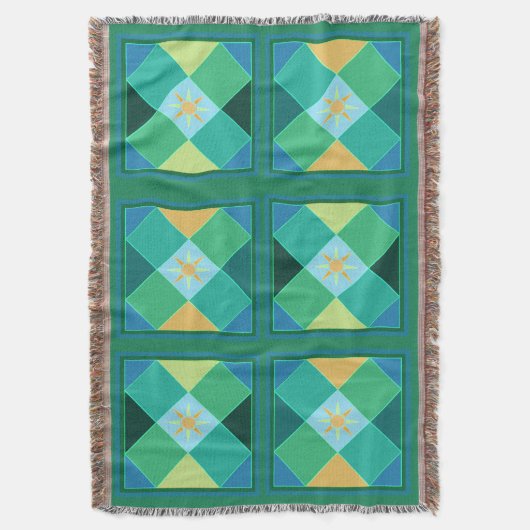 Couverture Motif soleil en carré patchwork vert et bleu (devant Vertical)
