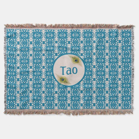Couverture Motif turquoise & plumes paon sur Tao beige (Devant)