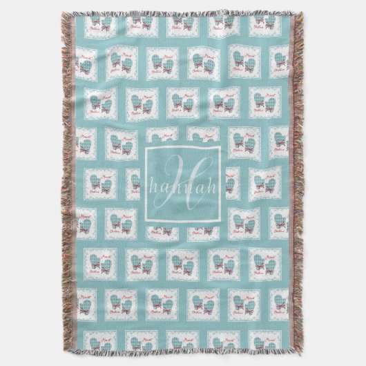 Couverture Moufle de Noël la plus joyeuse Monogramme Bleu Arc (devant Vertical)