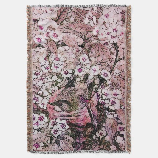 COUVERTURE NID D'OISEAU, ARBRE, FLEURS DE PRINTEMPS BLANC ROS (devant Vertical)