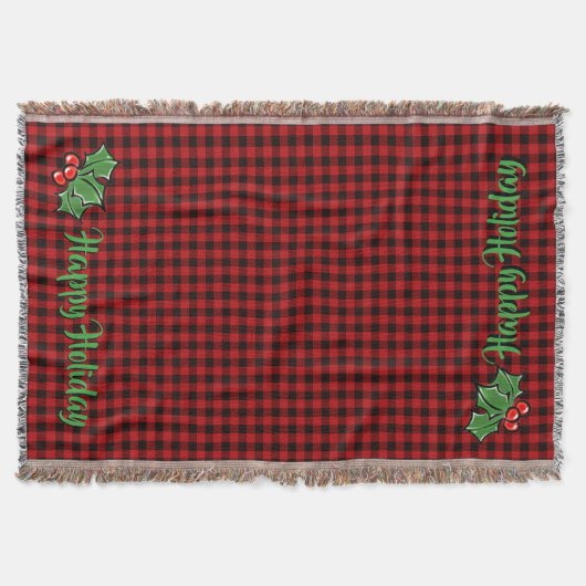 Couverture Noël classique Red Plaid Holly baies feuilles (Devant)