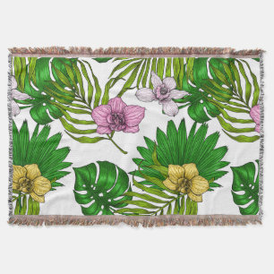 Couverture Orchidées et feuilles de palmiers, rose, jaune, ve