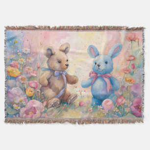 Couverture Ours en peluche et lapin dans un jardin pastel