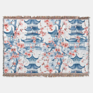 Couverture Pagode Chinoise Bleue Motif Fleur de Cerisier