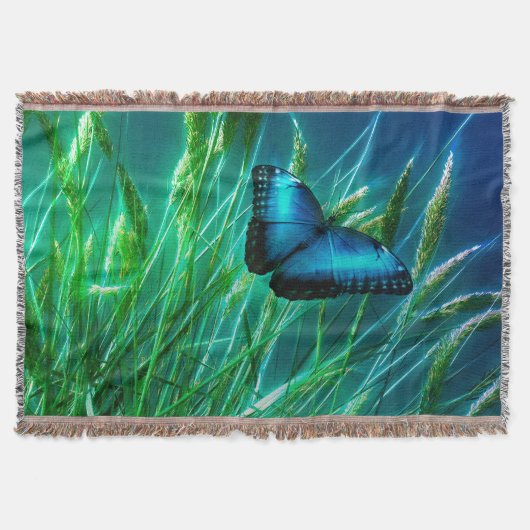 Couverture Papillon bleu Morpho sur herbe verte (Devant)