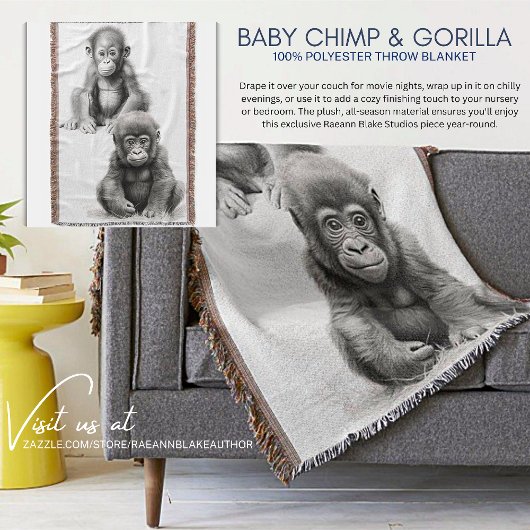 Couverture Plaid bébé chimpanzé et gorille noir et blanc