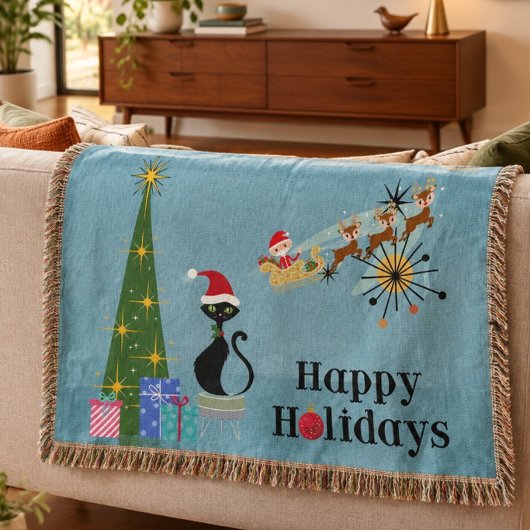 Couverture Plaid de jet en style milieu de siècle avec chat d