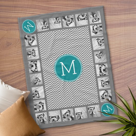 Couverture Polaire 11 Photos Turquoise Charcoal Chevrons Monogramme