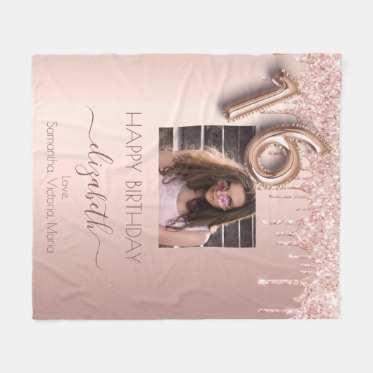 Couverture Polaire 16e anniversaire photo rose or parties scintillant (Devant (Horizontal))