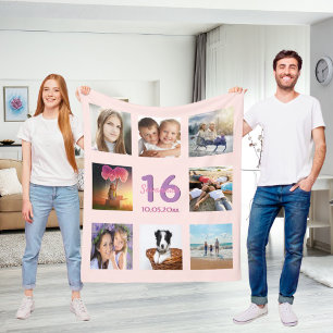 Couverture Polaire 16e anniversaire sur mesure photo collage rose or