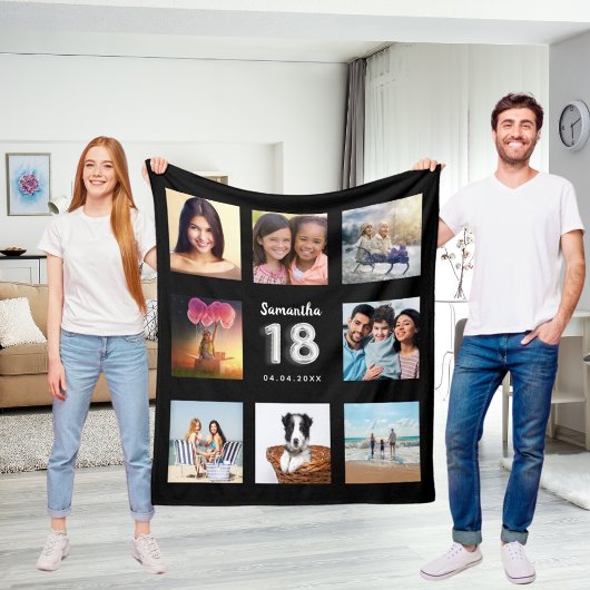 Couverture Polaire 18e anniversaire noir argent photo collage nom