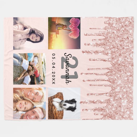 Couverture Polaire 21e anniversaire photo rose or parties scintillant (Devant (Horizontal))