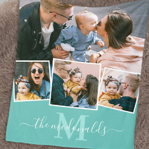 Couverture Polaire 4 Photo Collage Nom du monogramme Turquoise