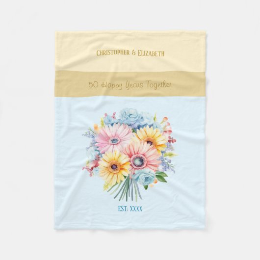 Couverture Polaire 50 ans or anniversaire fleurs bleu (Devant)