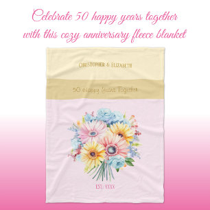 Couverture Polaire 50 ans or anniversaire fleurs rose