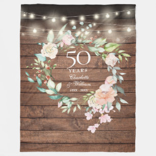 Couverture Polaire 50e Anniversaire de Mariage Rustique Bois Floral