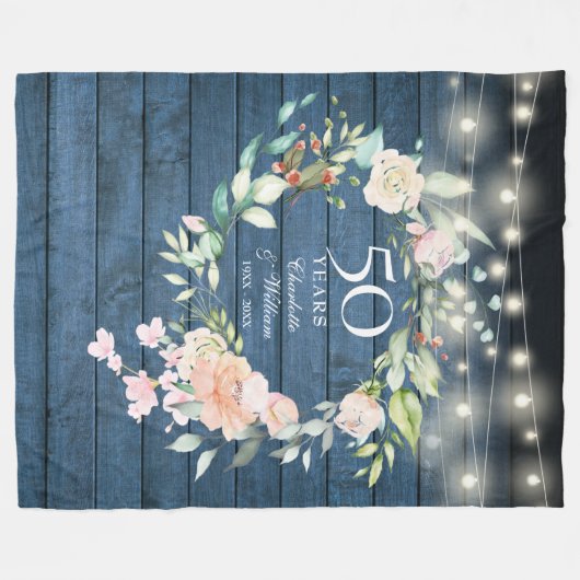 Couverture Polaire 50e anniversaire du Mariage Bois bleu rustique Flo (Devant (Horizontal))