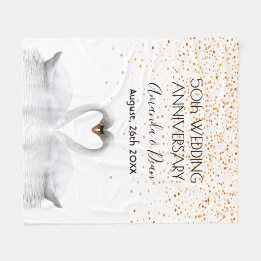 Couverture Polaire 50e anniversaire mariage or blanc cygnes en amour (Devant (Horizontal))