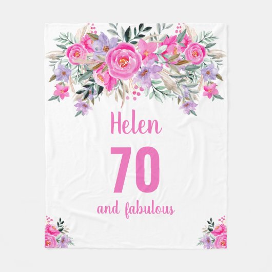 Couverture Polaire 70e anniversaire blanc fleuri rose (Devant)