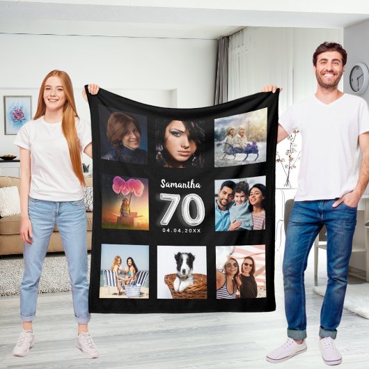 Couverture Polaire 70e anniversaire noir argent photo collage nom