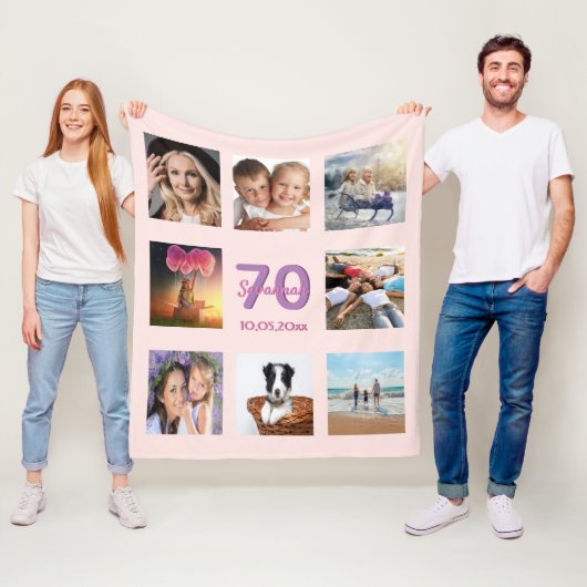Couverture Polaire 70e anniversaire sur mesure photo collage rose or  (En situation)