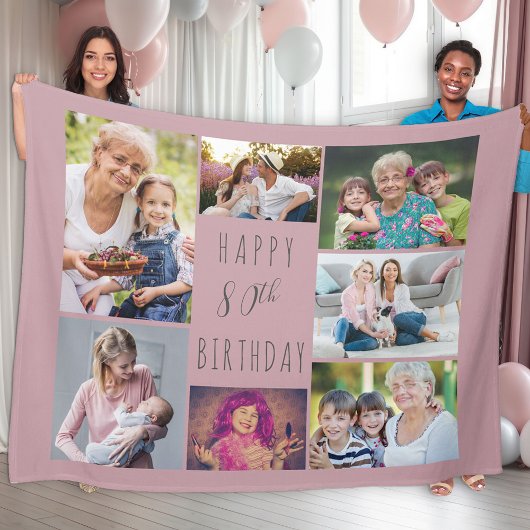 Couverture Polaire 80e anniversaire 7 photo Collage Pink Fleece Blank